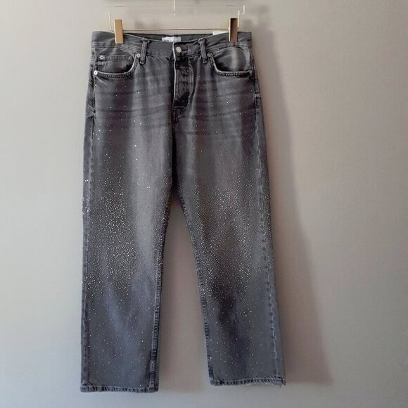 NWT Zara light wash black sparkle embellished mid rise straight leg jeans, 10 - Picture 12 of 15